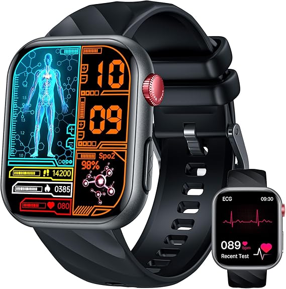 Echg Hrv Men's Smartwatch Heart Rate Blood Pressure: 1.97 Inch AMOLED Touch Black Health Watch with ECG Sleep Monitor Pedometer Phone Function Blood Oxygen Sports Watch Fitness Watch iOS Android