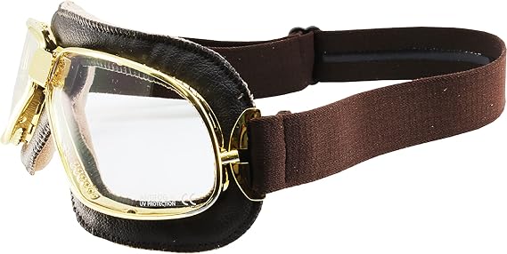 Nannini Biker Padded Motorcycle Goggles Hand-Sewn Brown Leather/Chrome Frames Clear Mirror Anti-Fog Lenses