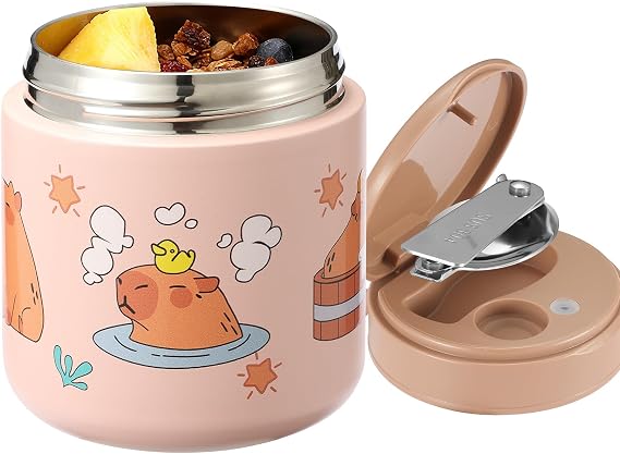 15.2 oz Kids Thermo Food Jar for Hot Food & Soup with Spoon, Capybara Pink