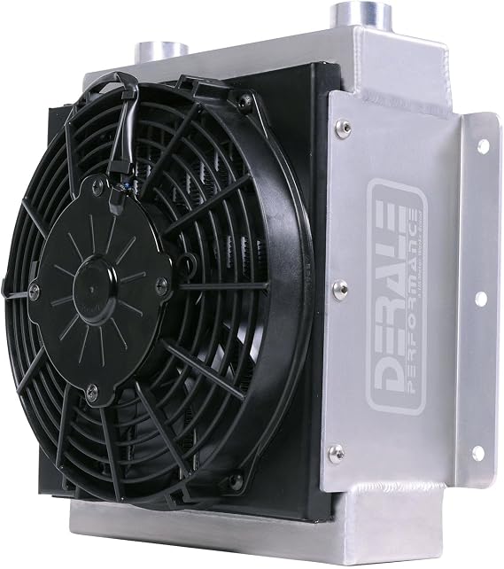 Derale Fluid Cooler and Fan, 12-3/8 x 11-7/8 x 8-1/2 in, Tube Type, 7/8-14 in Female O-Ring Inlet Fitting, 7/8-14 in Female O-Ring Outlet Fitting, Universal, Each