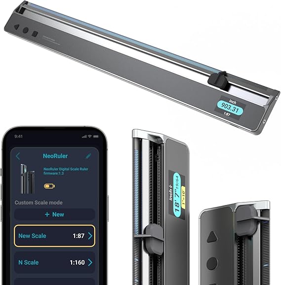 HOZO NeoRuler Digital Scale Ruler, 12 inch Smart Scale Ruler with Infinite Customized Scales and 0.004 inch Accuracy, 93 Built-in US Imperial, Metric Scales, Architectural and Engineering