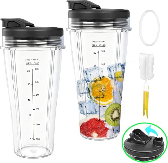2 Pack 24oz Blender Cups Replacement for Ninja, Smoothie Blender Cups with Lids and Brush Compatible with Ninja Auto-iQ Blender BN750UK BN495UK TB301UK TB401UK Food Processor BN800UK CB100UK CB350UK