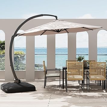 11FT Cantilever Patio Umbrella with Base Included, Large Cantilever umbrella with 360Rotation, Heavy-Duty Offset Outdoor Umbrella for Patio,Pool,Garden and Backyard (Champagne)