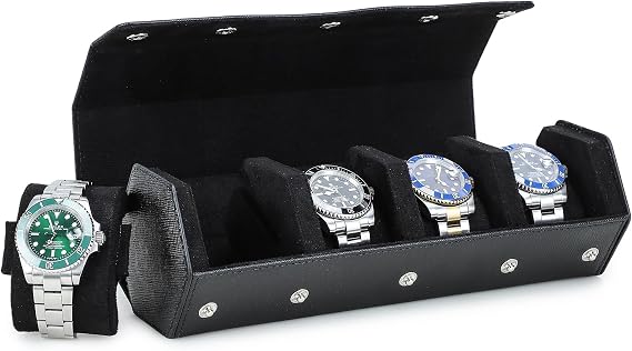 Hiram Genuine Leather Saffiano Leather Watch Roll Travel Case, Leather 4-Watches Roll Case for Treasured Watches and Bracelets(Black)