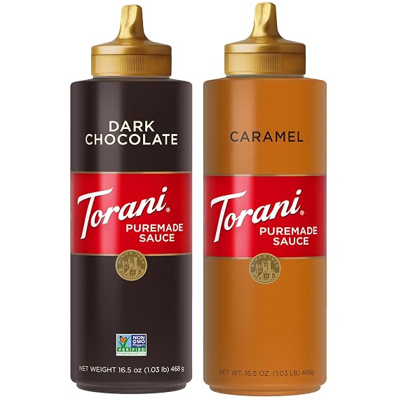 Torani Puremade Caramel and Dark Chocolate Sauce Variety 2-Pack for Desserts and Coffee Drinks, 16.5 Oz Ea