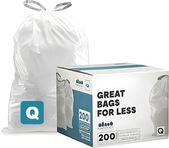 Plasticplace Custom Fit Trash Bags Compatible with simplehuman Code Q (200 Count) Drawstring Garbage Bags 13-17 Gallon White, Tear-Resistant Tall Kitchen Trash Bags for Garbage Cans Recycling 1.2 Mil
