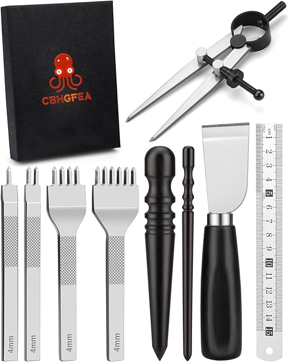 Leather Working Tools Kit Includes Cutting Knife, Edge Burnisher, 1/2/4/6 Stitching Punch, Leather Compass Geometry Tool and Steel Ruler for DIY Leathercraft DIY Projects