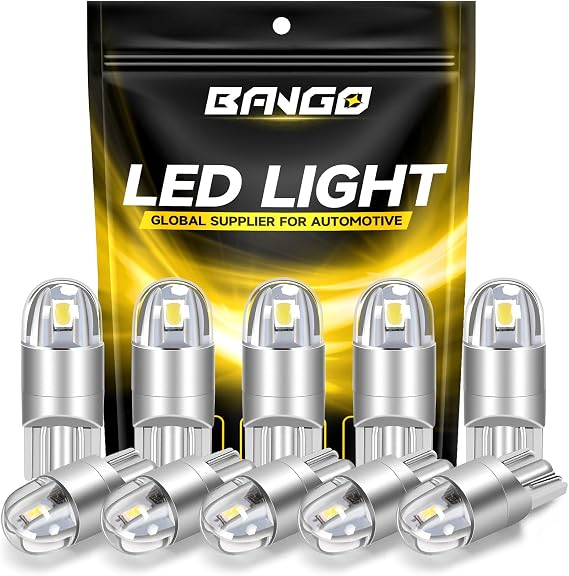 BANGO 194 LED Bulb, 6000K White Super Bright 168 T10 2825 W5W LED Replacement Bulbs for Car Interior Dome Map Door Courtesy Trunk Side Marker License Plate Lights, Pack of 10