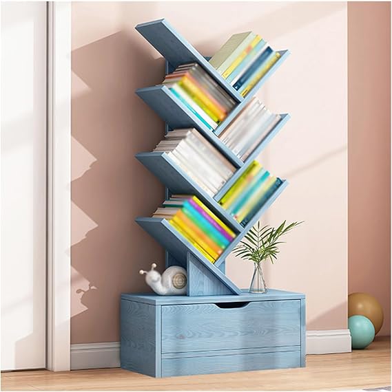 Tree Bookshelf with Drawer,Storage Display Shelf,Floor Standing Bookcase Vertical Book Shelves,Book Tree Organizer Shelves for Living Room Office(Blue,8 Tier)