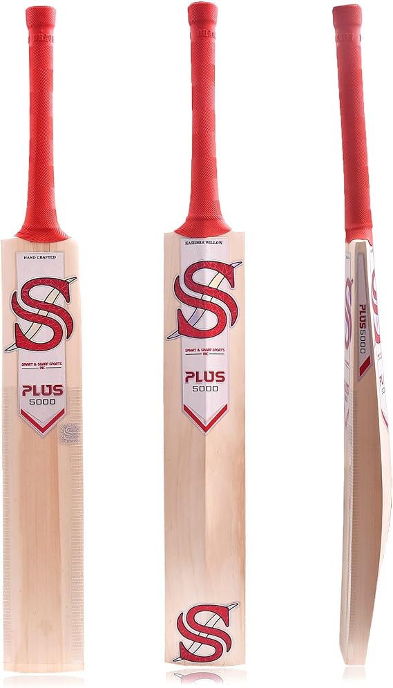 Smart & Sharp Plus 5000 Cricket Bat, Kashmir Willow, Full Size, Red Handle with Cover
