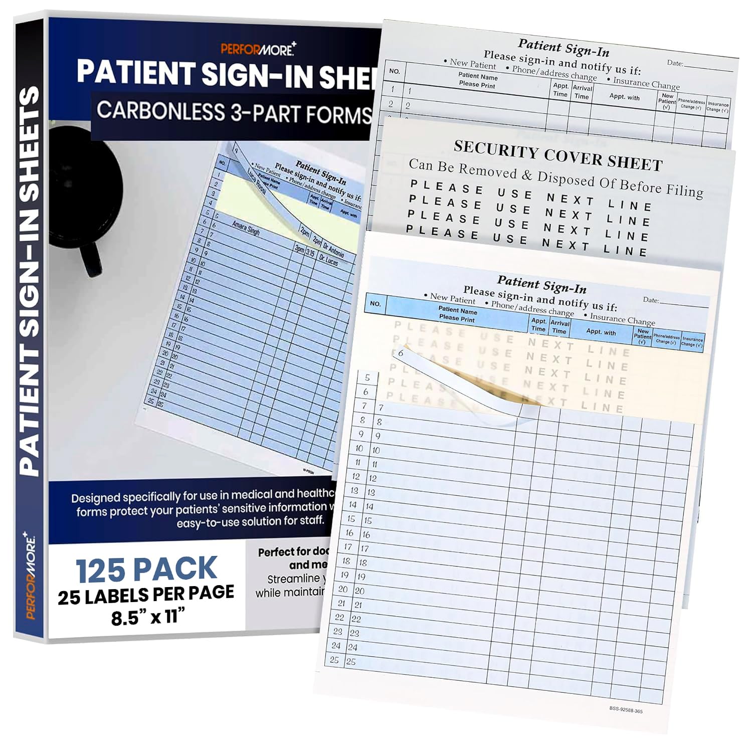 Performore 125 HIPAA-Compliant Patient Sign-in Forms – Carbonless 3-Part Registration Sheets with Privacy Cover – Duplicate Copies for Clinics, Medical Offices & Healthcare Providers