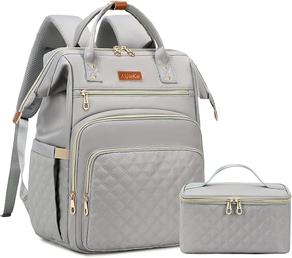 AIJIEKE Lunch Backpack for Women, 15.6 Laptop Backpack, Lunch Box, Gray