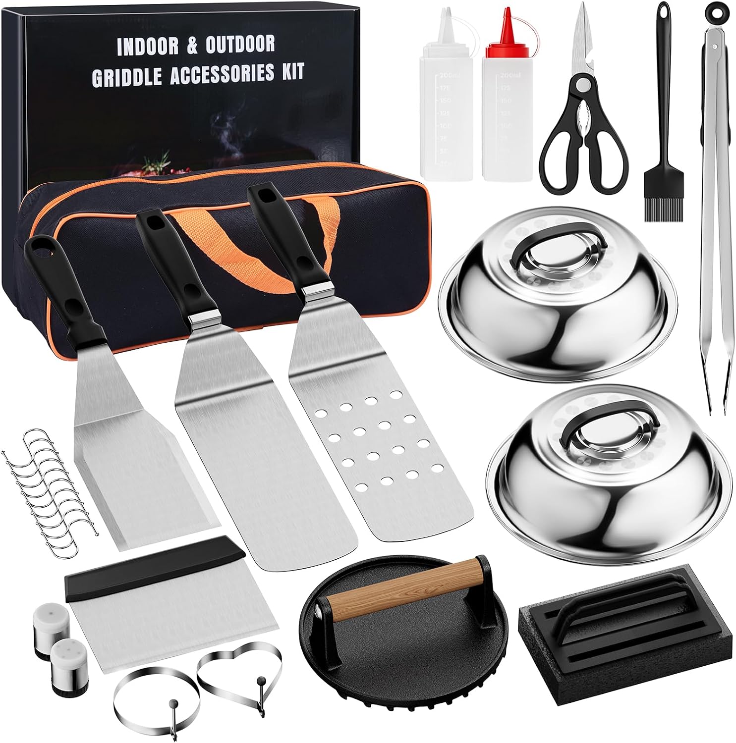 Mavivegue 28Pcs Griddle Accessories Kit, Professional Hibachi Flat Top Grill Tools, Metal Spatula Set with Burger Press, Basting Cover, Melting Dome, Tongs, Carry Bag for Outdoor Grilling BBQ