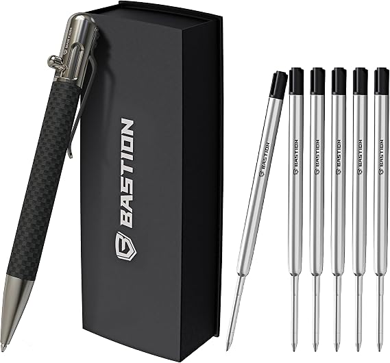 BASTION Bolt Pen | Carbon Fiber and Stainless Steel | Extra Black Ink Cartridge Fine Point (0.5mm) For Women and Men Gift Ballpoint Pen Combo 6 Standard Ink Refill