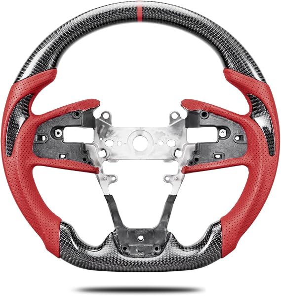 Carbon Fiber Steering Wheel for Honda Civic 2016-2021 10th Gen, Type R FK8 2016-2021, Flat Bottom Sport Wheel, Carbon Fiber Thumb Grips, Red Microfiber Leather & Red Stripe