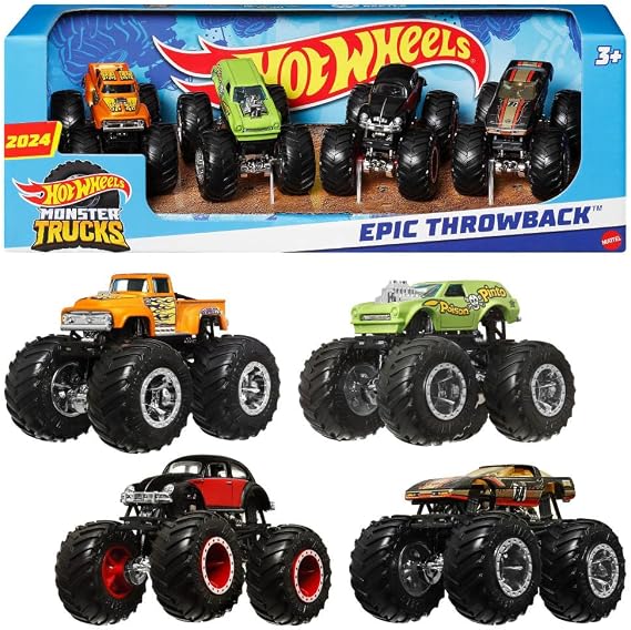 Hot Wheels Monster Trucks 4-Pack, Set of 4 1:64 Scale Toy Vehicles with Giant Wheels (Styles May Vary)