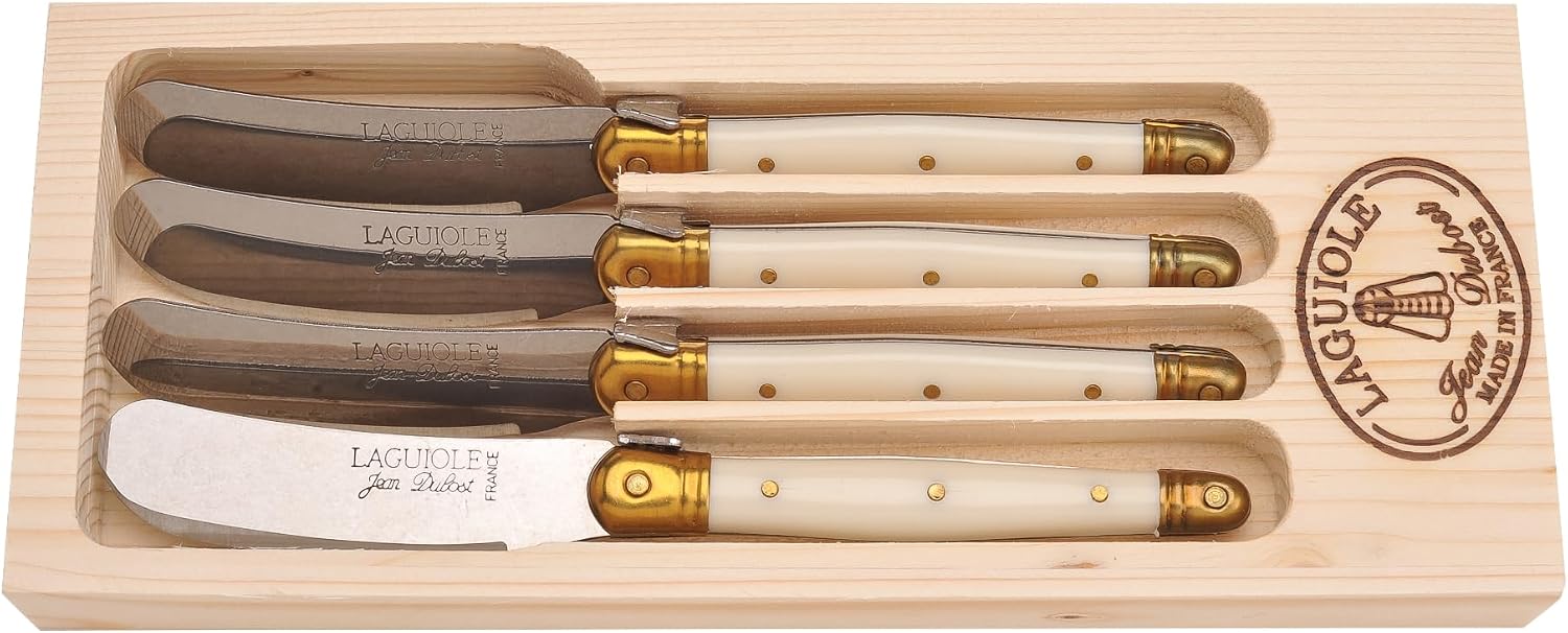Jean Dubost Laguiole 4-Piece Spreader Set, Ivory Handles - Rust-Resistant Stainless Steel - Includes Wooden Tray - Made in France
