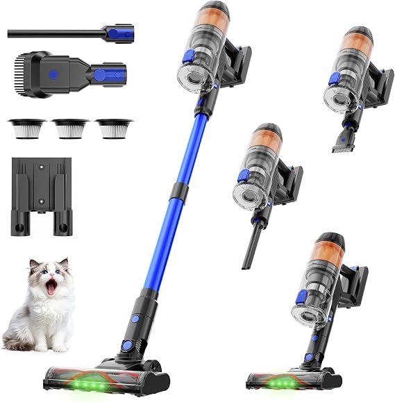 Cordless Vacuum Cleaner 500W 40KPa 60Mins Vacuum Cleaners for Home, Blue | Green Light, 3 HEPA Filters, Anti-Tangle Brush, Lightweight Stick Vacuum, Wall-Mounted Charging for Pet Hair/Hardwood Floor