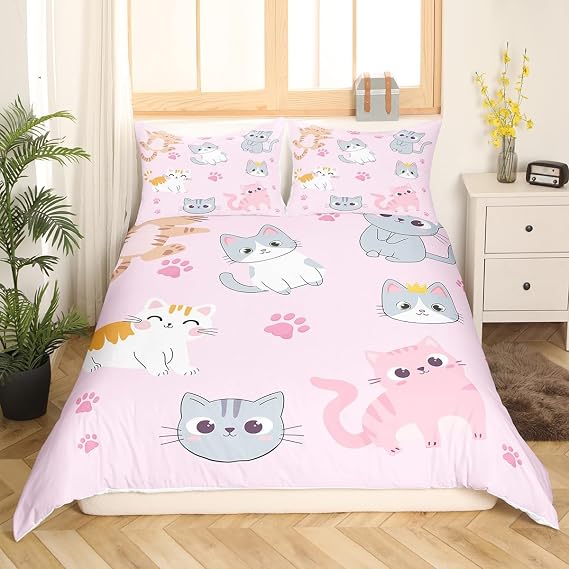 Erosebridal Kids Cat Duvet Cover Twin Size,Cute Colorful Cats Bedding Set for Girls Kawaii Bedroom Decor,Pink Pet Animal Paw Print Comforter Cover Soft Colorful Cat Bed Set with 1 Pillow Case