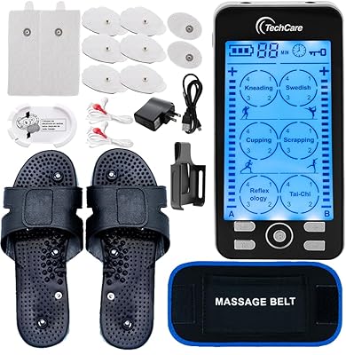 TechCare Plus 24-Mode TENS & EMS Dual-Channel Muscle Stimulator Rechargeable Pain Relief Set with Massage Belt, Reflexology Shoes, Magnetic Therapy, Timer