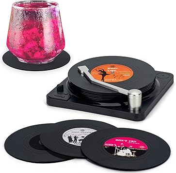 Valdivia Funny Retro Vinyl Record Coasters with Player, 6 Pcs Music Coasters for Drinks, Bars, Party, Birthday Gifts for Music Lovers, Home Decor Housewarming and White Elephant Gifts Ideas
