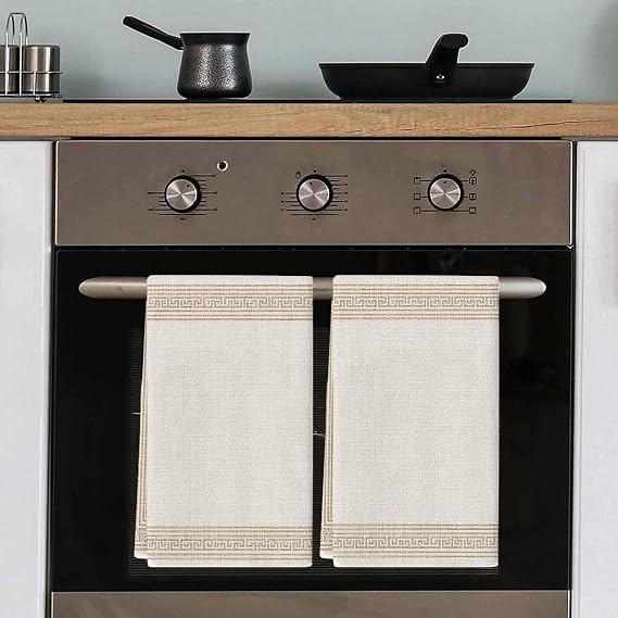 Cream Retro Greek Key Kitchen Towels Set of 3, Microfiber Dish Towels for Drying Dishes, Geometric Greece Ancient Farmhouse Rustic Absorbent Hand Towel, Quick Drying Tea Towel Set 18"x28"
