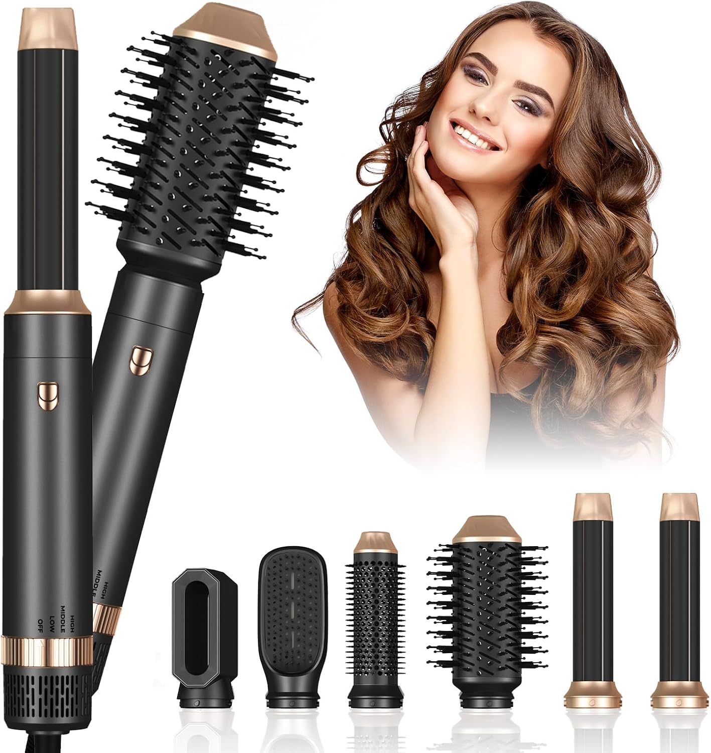 Blow Dryer Brush 6 in 1 Set, Negative Ionic Hair Dryer, Automatic Curling Wand Hair Straightener, Thermal Brush Fast Drying Hot Air Brush, Black Gold