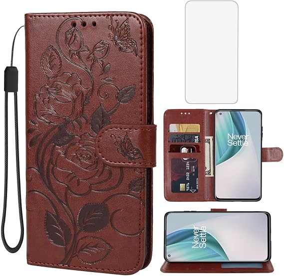 Case for OnePlus Nord N10 5G Case,OnePlus N10 5G BE2029 Wallet Case with Tempered Glass Screen Protector, Flower Leather Flip Credit Card Holder Stand Phone Cover for OnePlus Nord N10 5G Brown