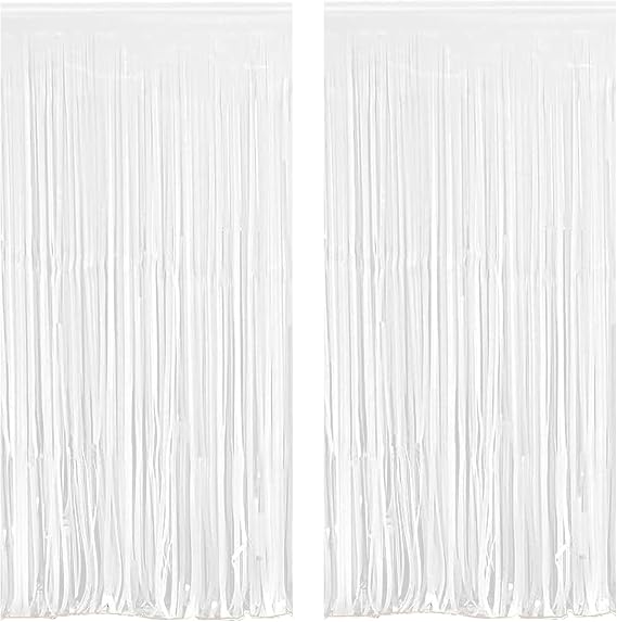 White Foil Fringe Curtain 3.38.3FT 2 Packs, Metallic Tinsel Curtains Party Streamers for Birthday Graduation Baby Shower Decoration (2pcs,3.3FT8.3FT, White)