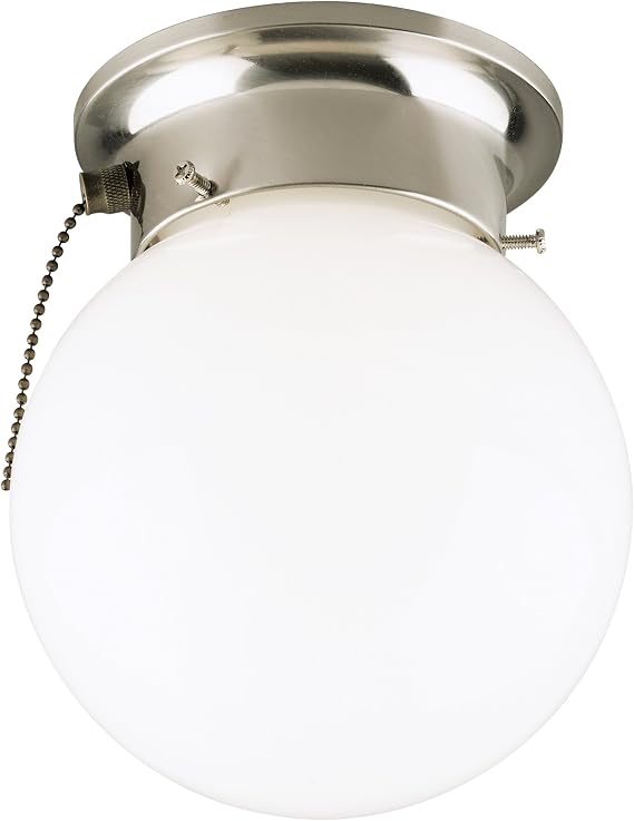 Westinghouse 6720800 One-Light Flush-Mount Interior Ceiling Fixture with Pull Chain, Brushed Nickel Finish with White Glass Globe,
