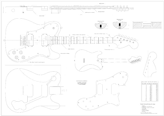 Full Scale guitar Plans Telecaster style 72 Deluxe Electric Guitar - Technical Design Drawings - actual size