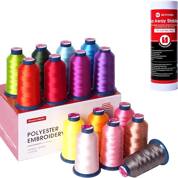 Richword Selected Embroidery Machine Thread 15 Colors +Tear Away Embroidery Stabilizer Backing 12" x 25 Yard roll