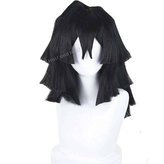 Obanai Cosplay Wig Short Black Demon Anime Warrior Wigs with Bangs for Men | Black Shoulder Length Synthetic Hair Wig for Women Unisex Halloween Party Costumes