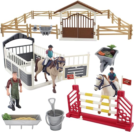 Horse Stable Playset, Horse Toys Set for Kids Birthday Gifts with 2 Horses and 2 Riders, Realistic Horse Stable Club Playset, Farm Animals Figurines Barn Pretend Play Toys with Cart Shovel
