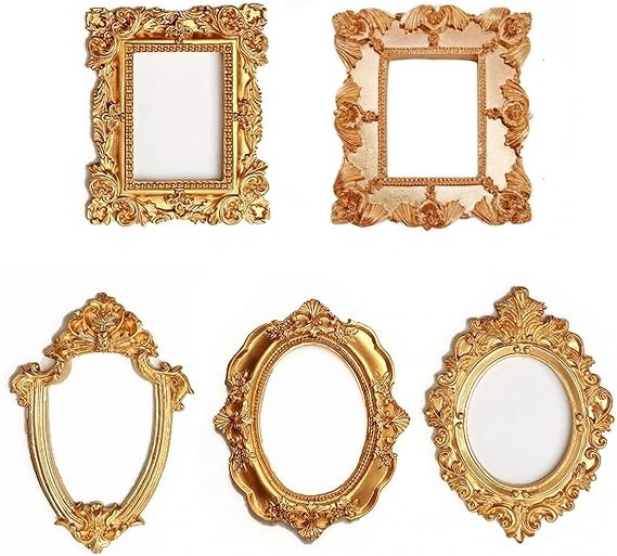 5 Pcs Mini Gold Frames - Small Gold Vintage Flower Oval Rectangle Baroque Frames Table Top Jewelry Display Frame for Christmas Holiday Party Hotel Decor,Gold