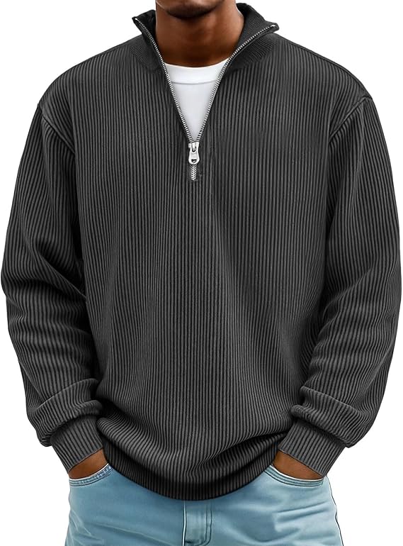 Mens Quarter Zip Pullover Sweatshirts Corduroy Casual Stand Collar Fall Ribbed Long Sleeve Sweater Thermal Baggy Fit