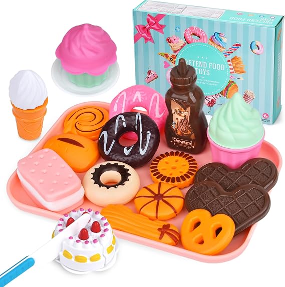 Play Food Set for Kids, 21PCS Pretend Dessert Food Toys Sets with Cutting Toys Ice Cream and Cake,Plastic Cupcake, Baking Cookies,Pretend Play Dessert Food for Toddler Girls Princess Birthday Gift