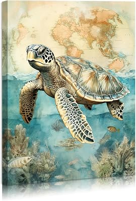 FUNHUA Turtle Wall Art Beach Decor Ocean Sea Turtle Coastal Decor Framed Ocean Beach Theme Seascape Artwork Green Blue Framed Artwork for Modern Living Room Bedroom Bathroom 12x16inches