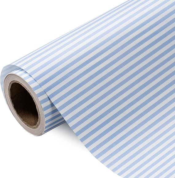 WRAPAHOLIC Kraft Striped Wrapping Paper Roll - Mini Roll - 17 Inch x 16.5 Feet - Classic Light Blue and White Stripe Wrapping Paper for Baby Shower, Birthday, Wedding