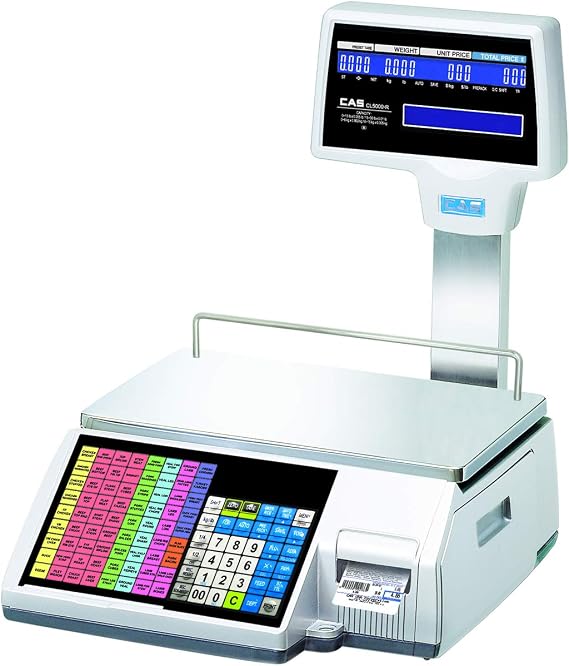 CAS CL5500R-30W Electronic Price Computing Scale with Label Printer - 30lb Capacity NTEP Certified Scale for Legal Trade - Network-Ready, Dual LCD Displays, 144 Speed Keys, 4000 Plus
