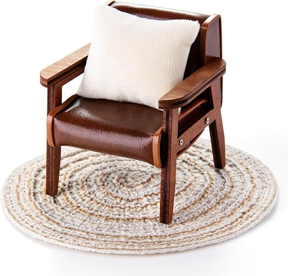 3 Pcs 1:12 Dollhouse Sofa Chair Furniture Set,Bedroom Accessories | Wooden and Leather Armchair,White Pillow and Beige Round Blanket, Accessories Furniture for Living Room, Bedroom