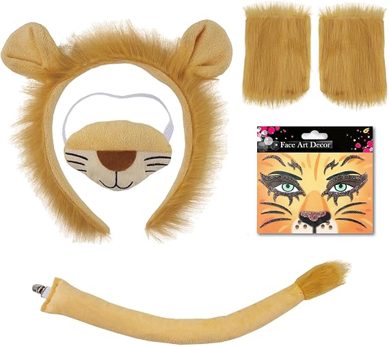 5 Pieces Lion King Costume,Hairband Nose Gloves Tail Face Sticker Suit, Lion Costume Accessory Kit for Adults and Kids Carnival Stage Cosplay Christmas Birthday Halloween