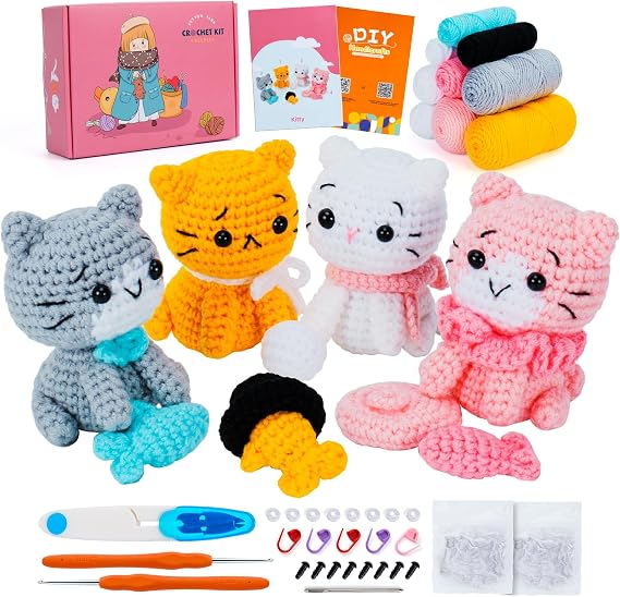 Crochet Kit for Beginners Cat Crochet Animal Kits Complete Animal Crochet with Step-by-Step Video Tutorials Crochet Knitting Kit Kitten Crocheted Starter Kit Set Beginners (Crochet cat)