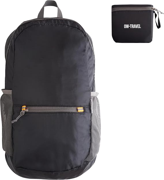 OW-Travel Lightweight Foldable Backpack, Packable Daypack 20l Black | Compact foldable rucksack, foldaway backpack storage for day trips, city breaks, shopping, holidays, travel for men and women