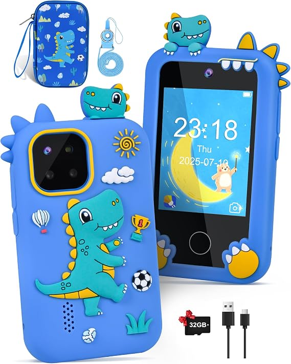 Kids Phone for Boys, Dinosaur Toy Phone Christmas Birthday Gifts for Boy Ages 3-10, Toddler Learning Phones with Touchscreen, 44 Game, Dual Camera, Music Player, 32GB Card & Dino Bag BLUE