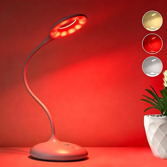 Rechargeable Desk Lamp, 670nm Red Light Therapy & Eye Protection Orange Light, 3 Color Modes, Stepless Dimming Touch Control, No Blue Light, Portable Cordless Reading Lamp for Bedroom Office Students