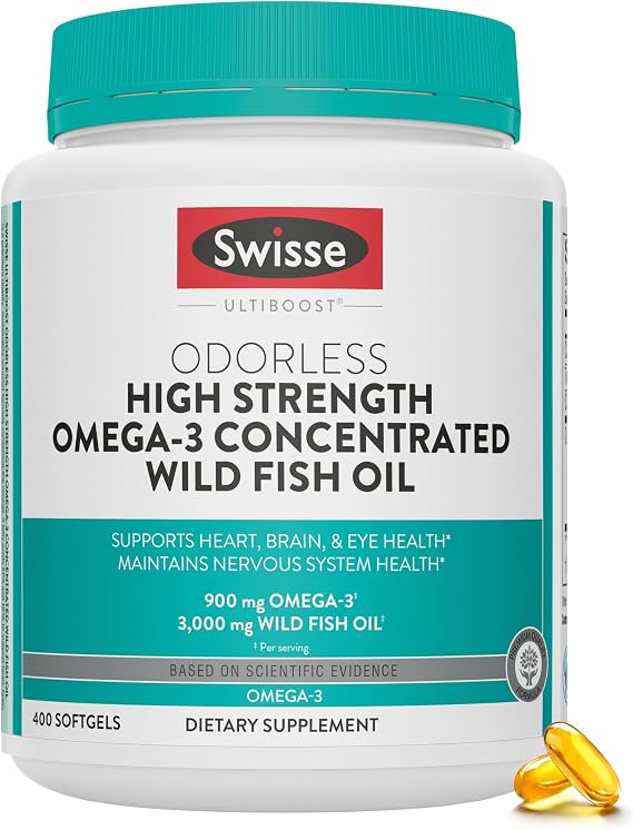Swisse Wild Fish Oil Omega 3 Supplements for Women and Men | EPA DHA Fish Oil Supplements | Odorless - Helps Support Brain, Eye and Heart Health | High Strength 3000 mg | 400 Softgel Pills