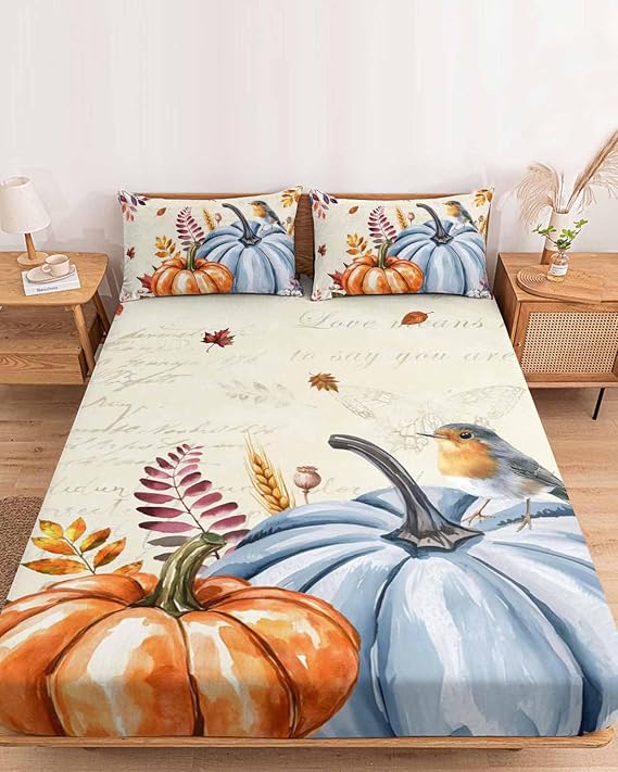 Bedding Full Size Fitted Sheets Fit 5"-16" Deep Pocket Mattress,Fall Thanksgiving Pumpkin Leaves Soft Bottom Sheet Retro Postcard Back Fitted Sheet Bed Set with Pillow Case