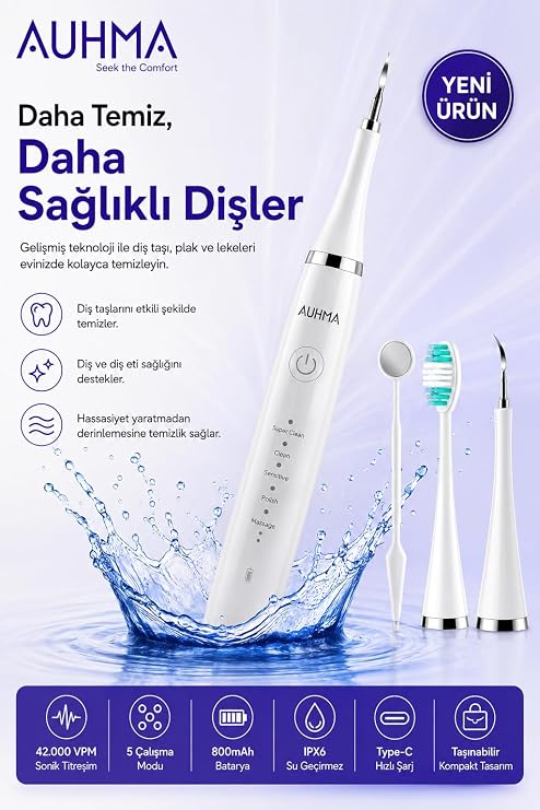 Ultrasonic Şarjlı Elektrikli Akıllı Diş Temizleme Cihazı Beyazlatıcı 5 Mod 3+1 Başlık, IPX8 Su Geçirmez Beyaz