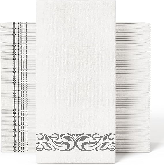 JOLLY CHEF 100 Disposable Hand Towels, Soft and Absorbent Linen Feel Dinner Napkin, Elegant Decorative Paper Guest Towels for Kitchen, Bathroom, Weddings, Parties, Silver and White